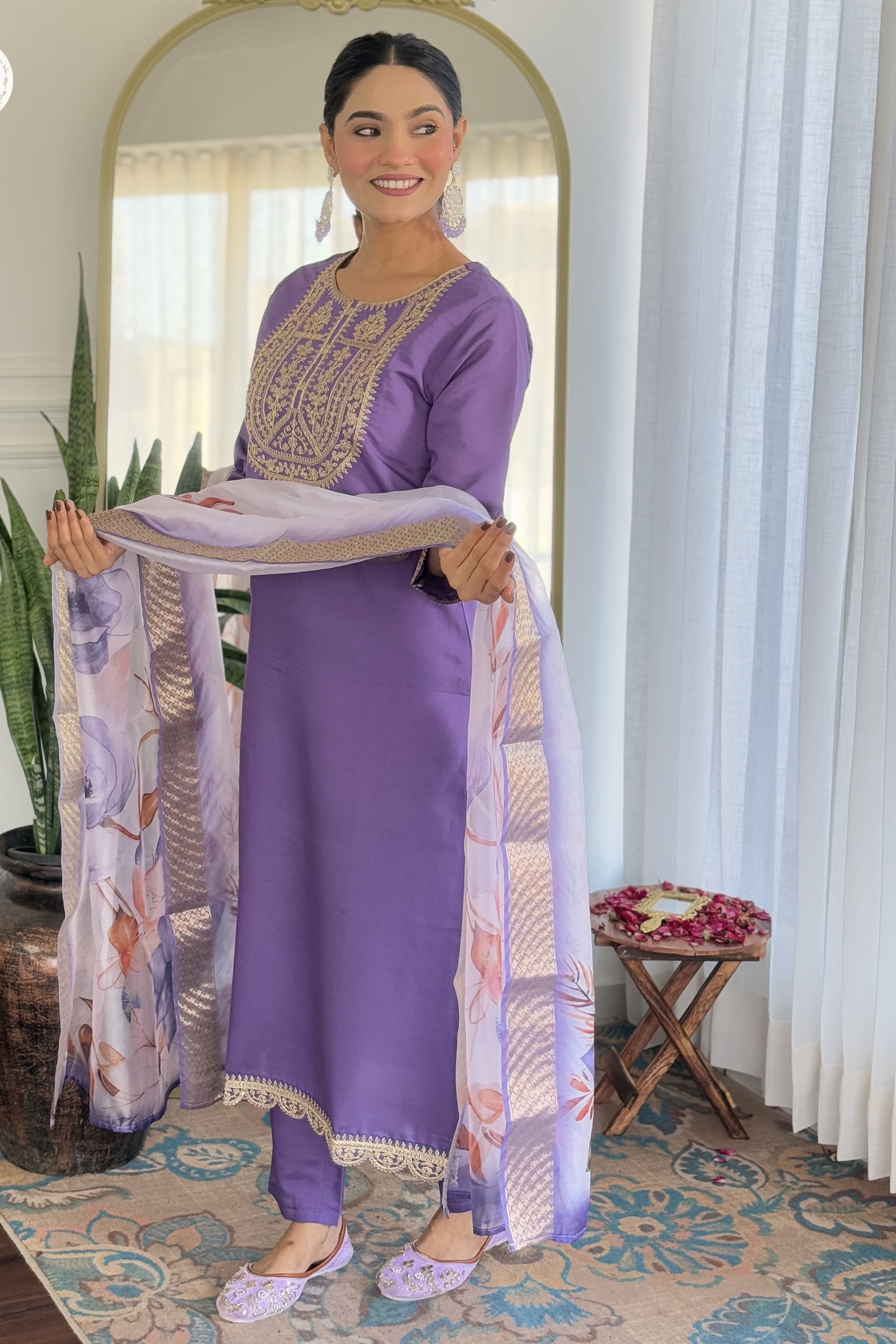 New Purple Viscose Embroidered Suit Set
