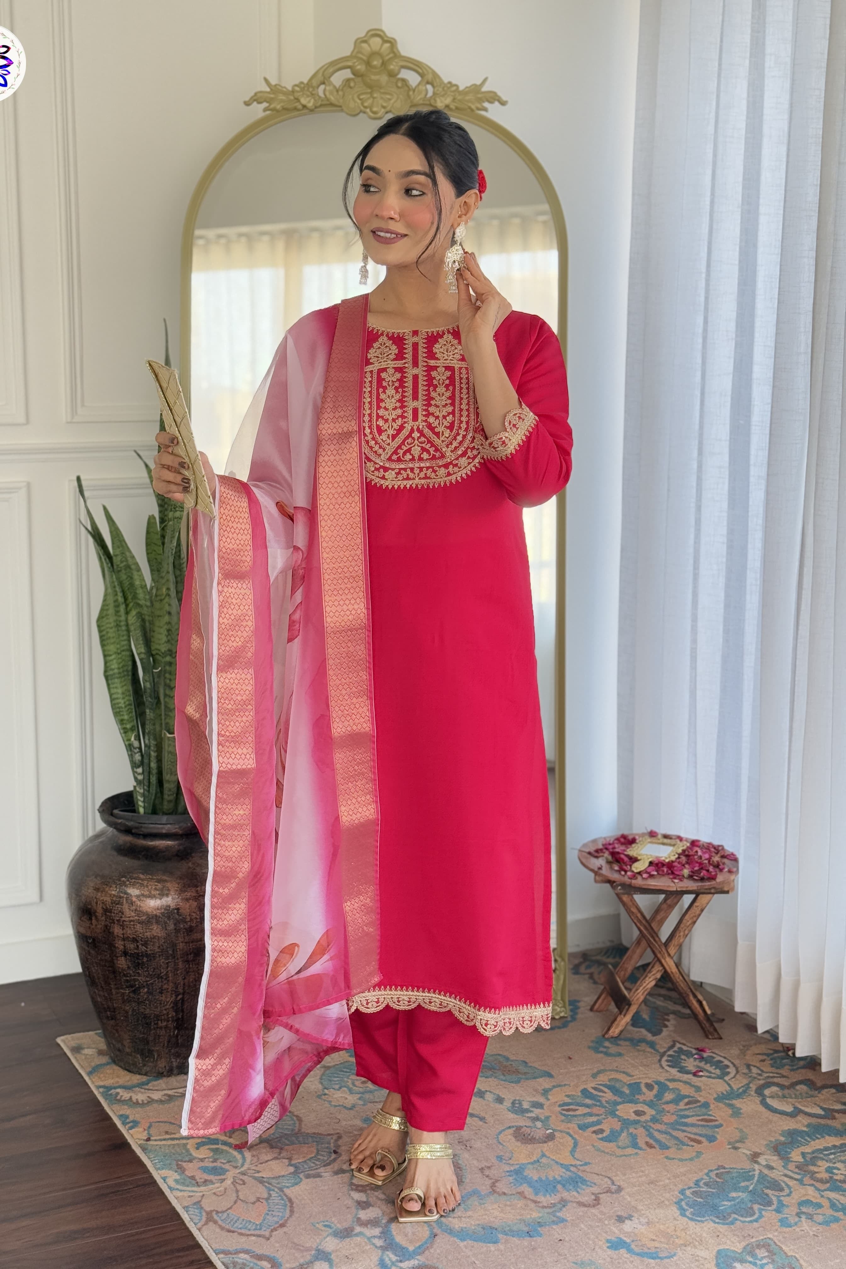 New Red Viscose Embroidered Suit Set