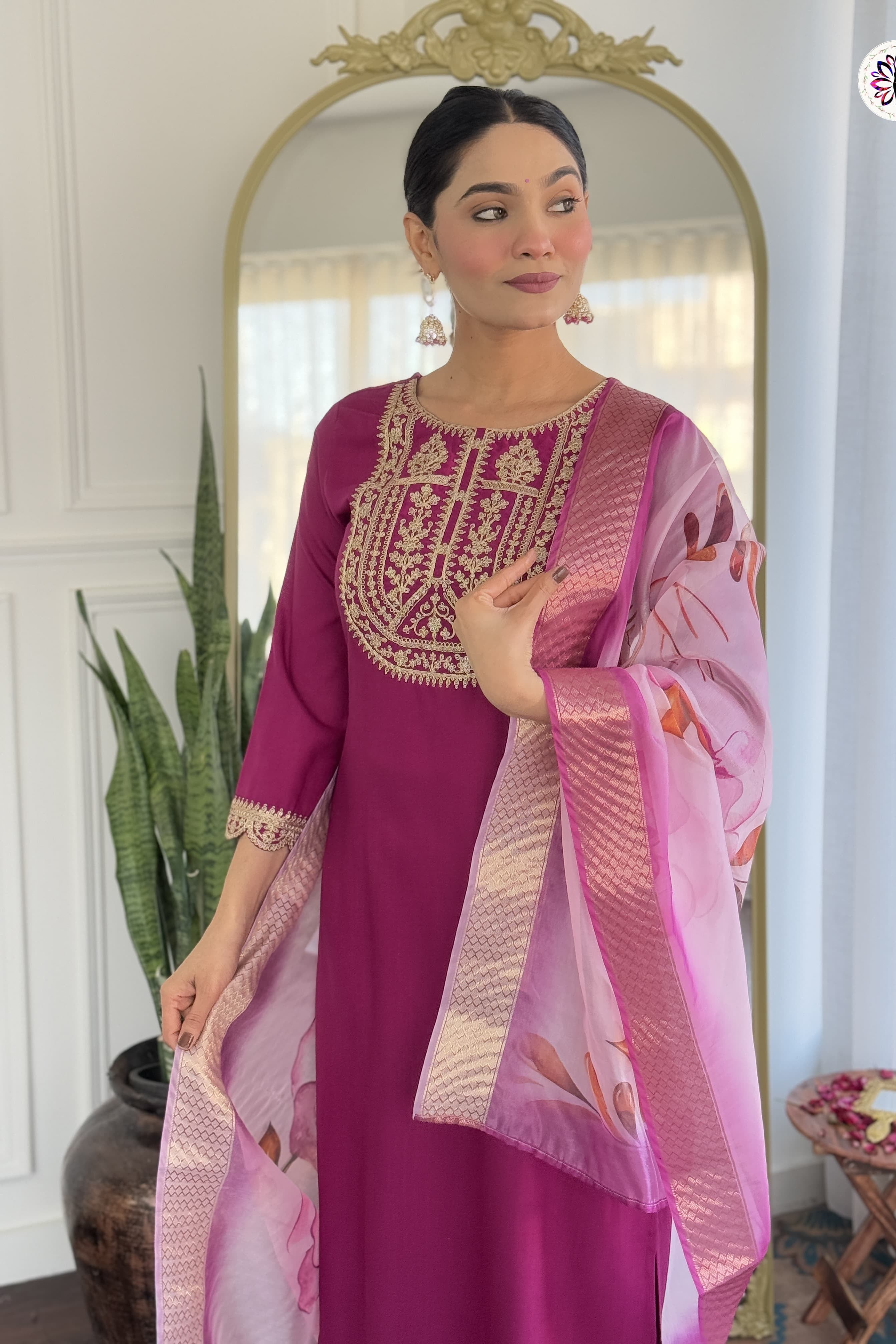 New Dark Purple Viscose Embroidered Suit Set