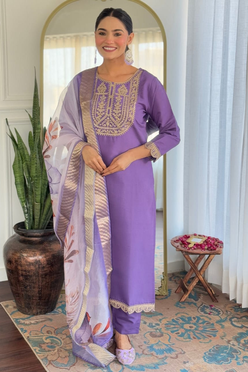New Purple Viscose Embroidered Suit Set