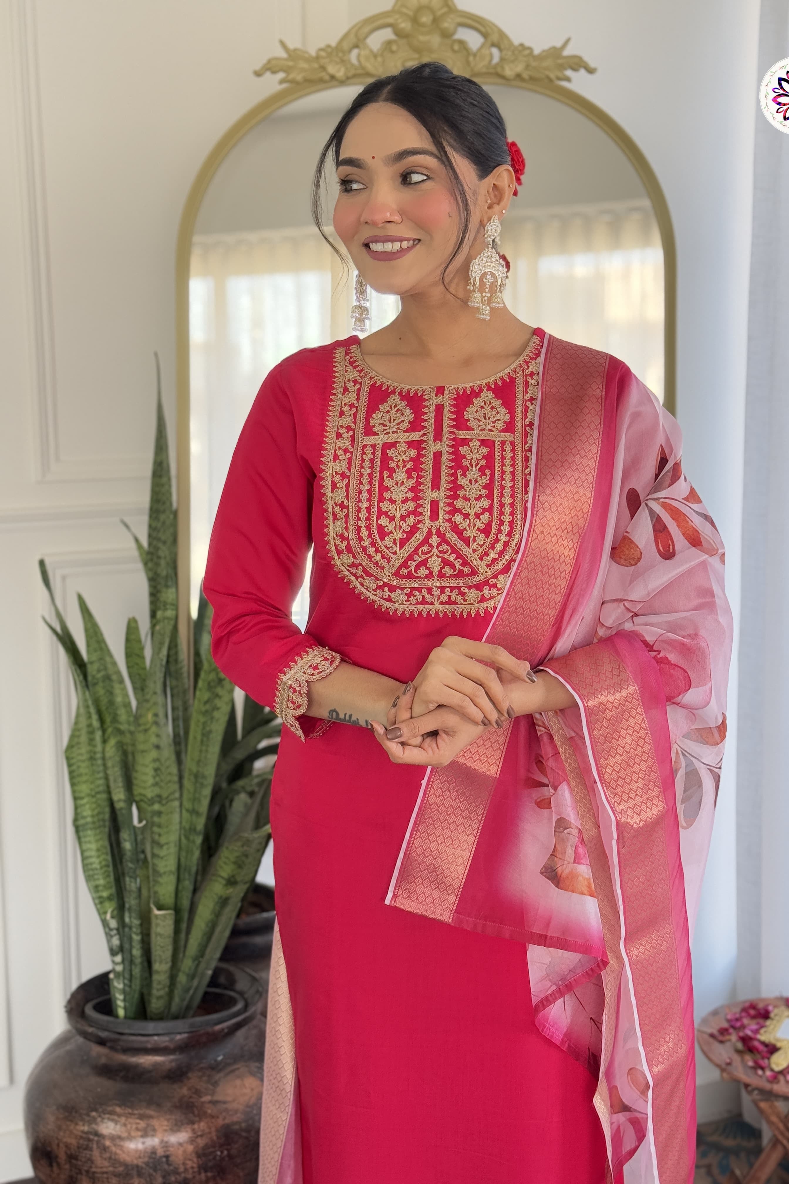 New Red Viscose Embroidered Suit Set