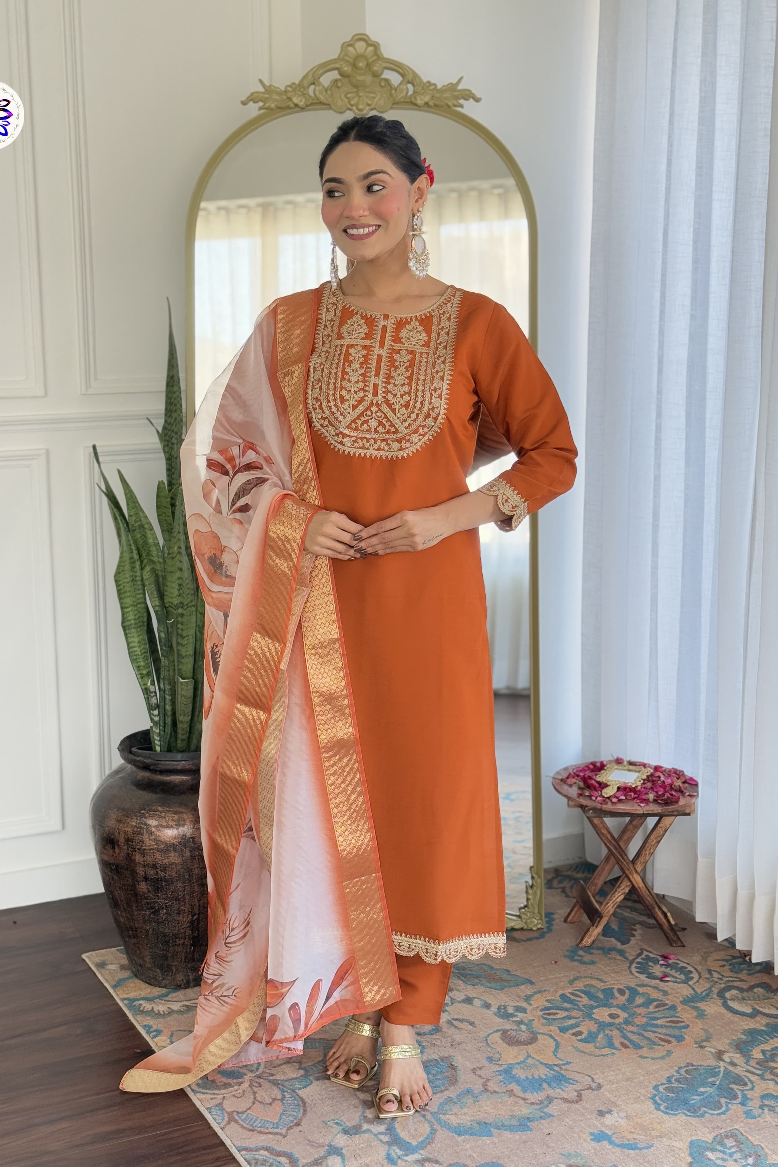 New Orange Viscose Embroidered Suit Set