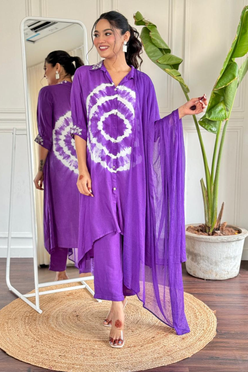 Purple Tie-Dye Embroidered Rayon Suit Set