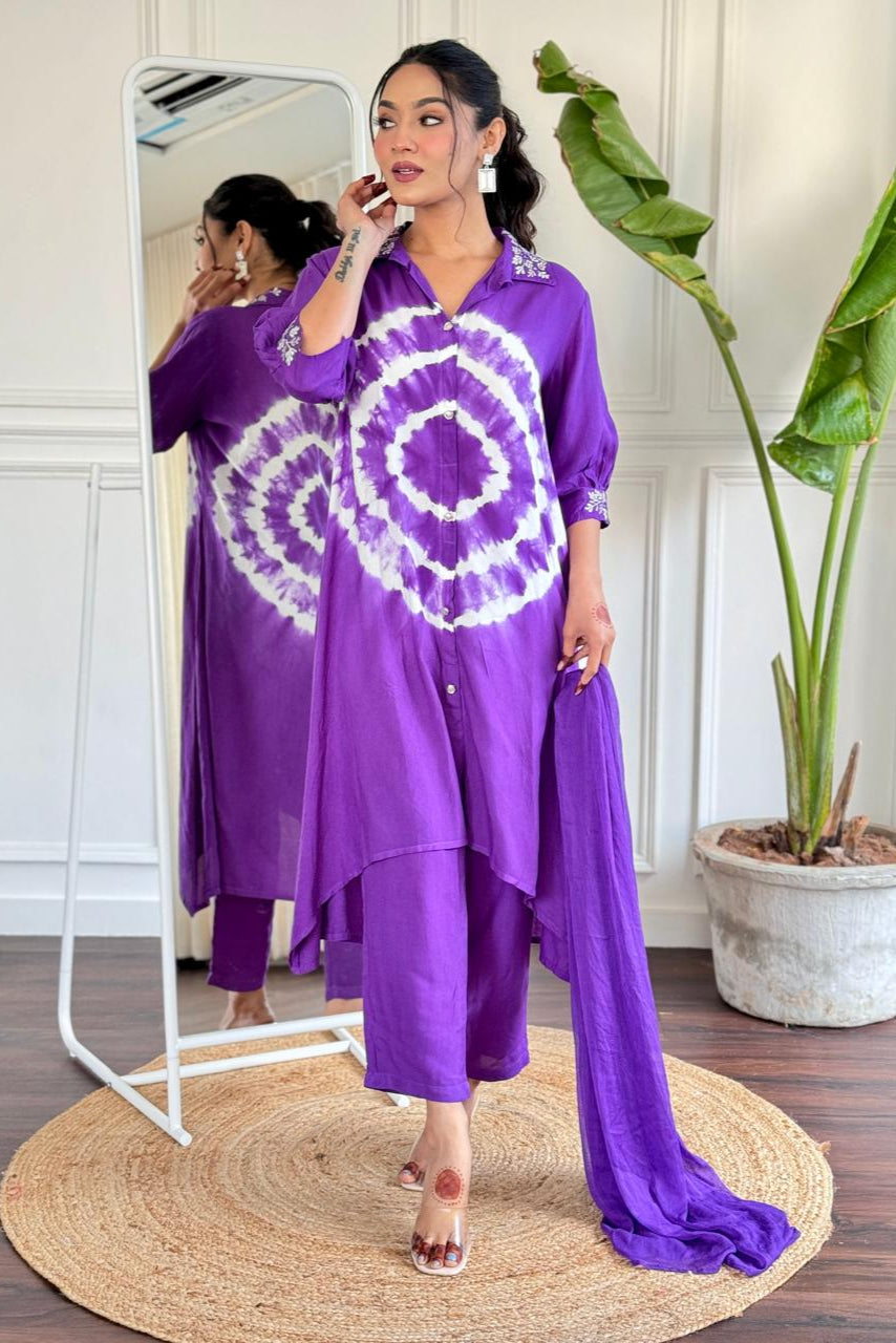 Purple Tie-Dye Embroidered Rayon Suit Set