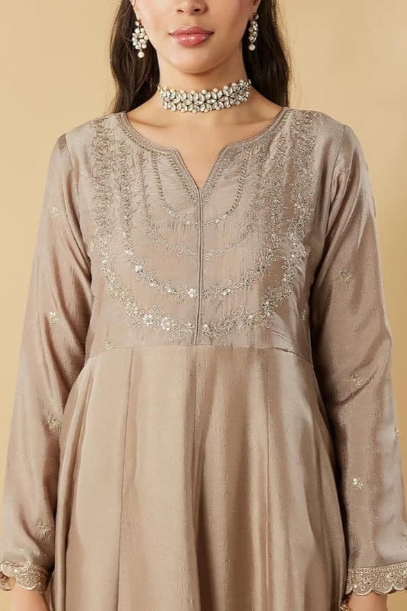 Traditional Beige Vichitra Silk Embroidered Suit Set