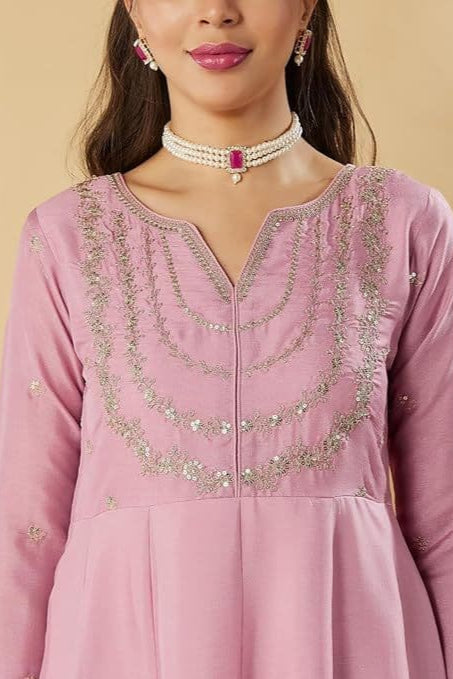 Traditional Light Pink Vichitra Silk Embroidered Suit Set