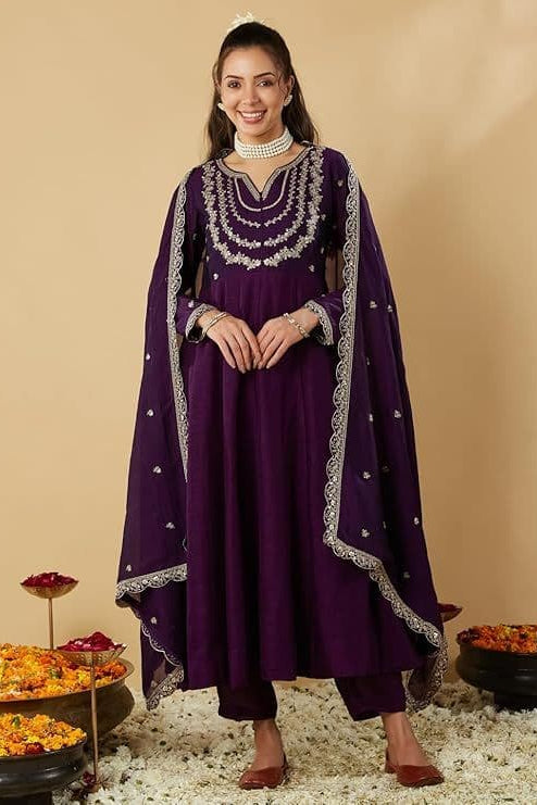 Traditional Dark Purple Vichitra Silk Embroidered Suit Set