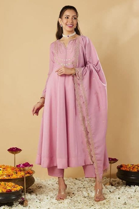 Traditional Light Pink Vichitra Silk Embroidered Suit Set