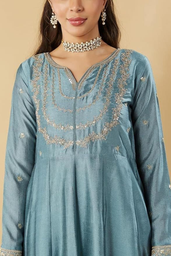 Traditional Light blue Vichitra Silk Embroidered Suit Set