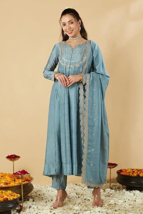 Traditional Light blue Vichitra Silk Embroidered Suit Set