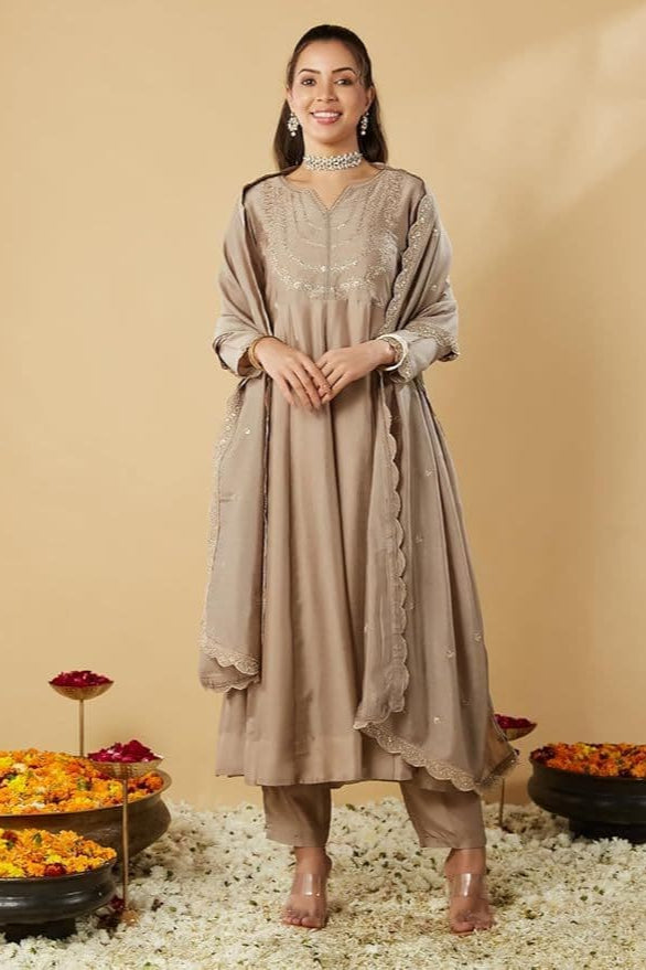 Traditional Beige Vichitra Silk Embroidered Suit Set