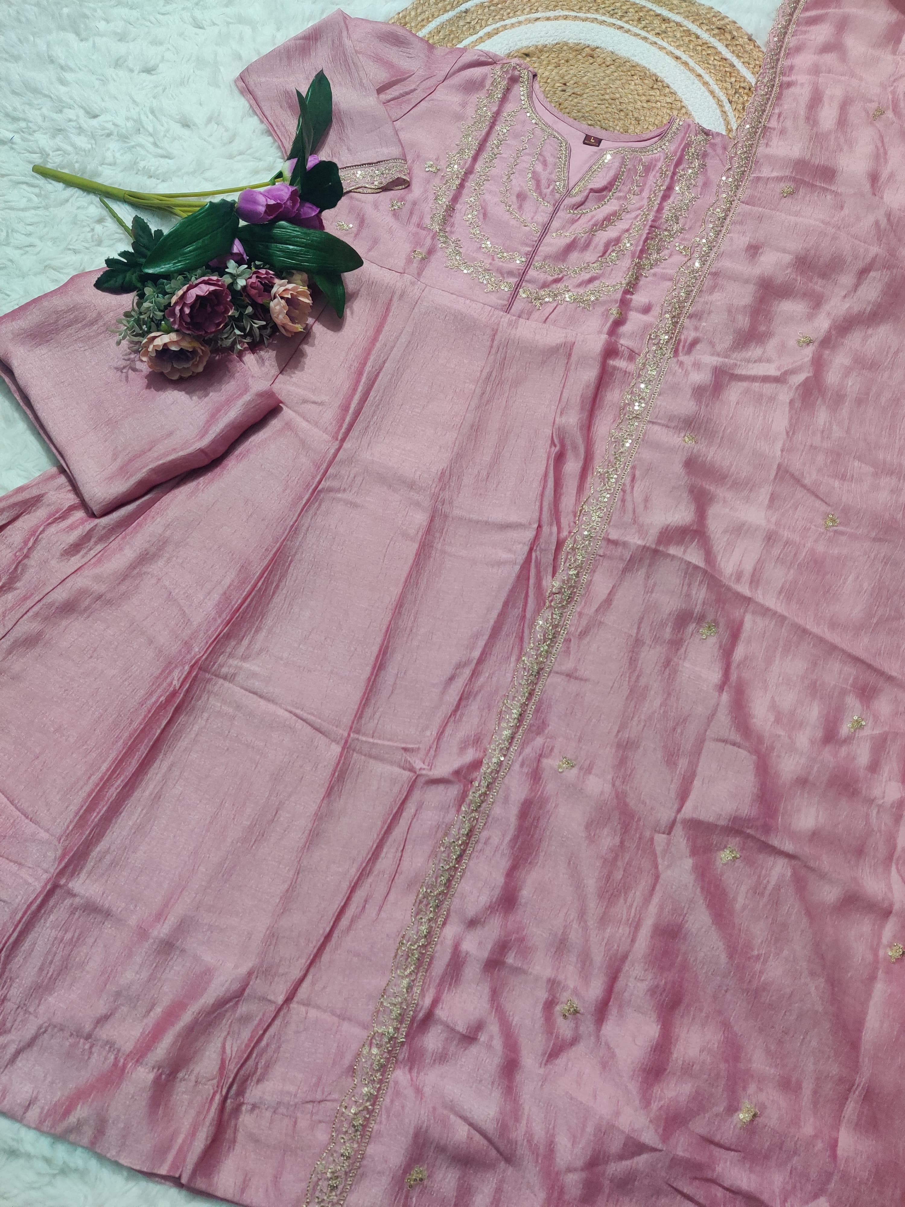 Traditional Light Pink Vichitra Silk Embroidered Suit Set