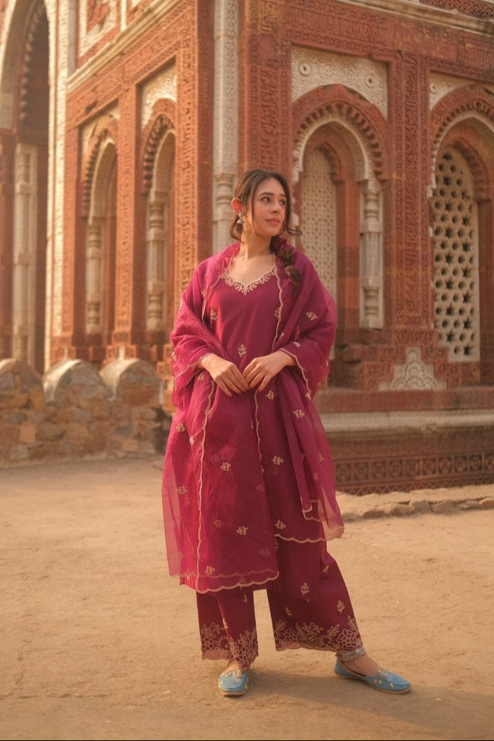 Ruhaniya Pink Chanderi Silk Embroidered Palazzo Suit Set