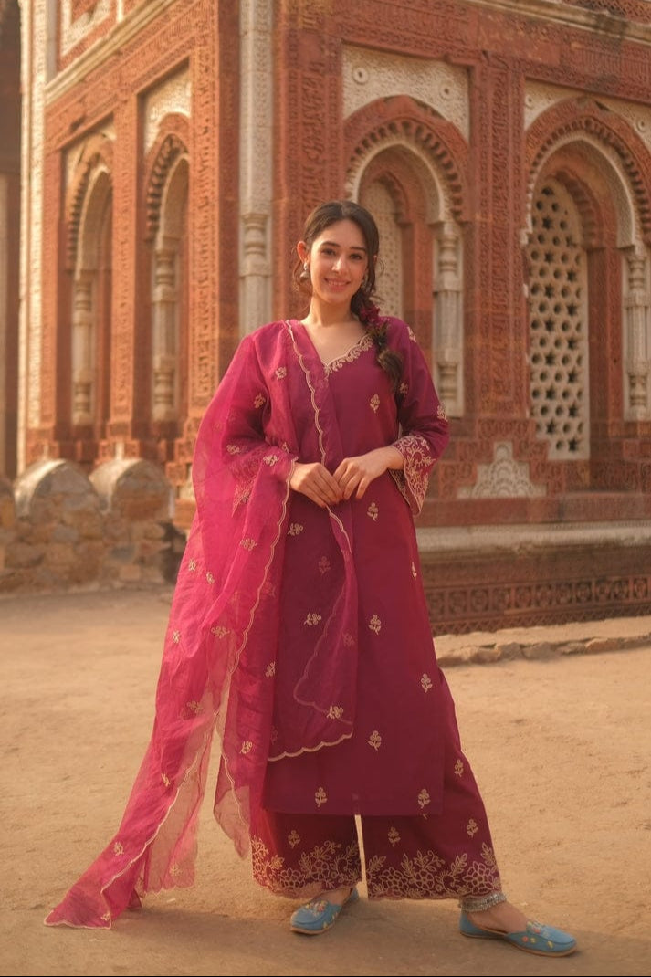 Ruhaniya Pink Chanderi Silk Embroidered Palazzo Suit Set