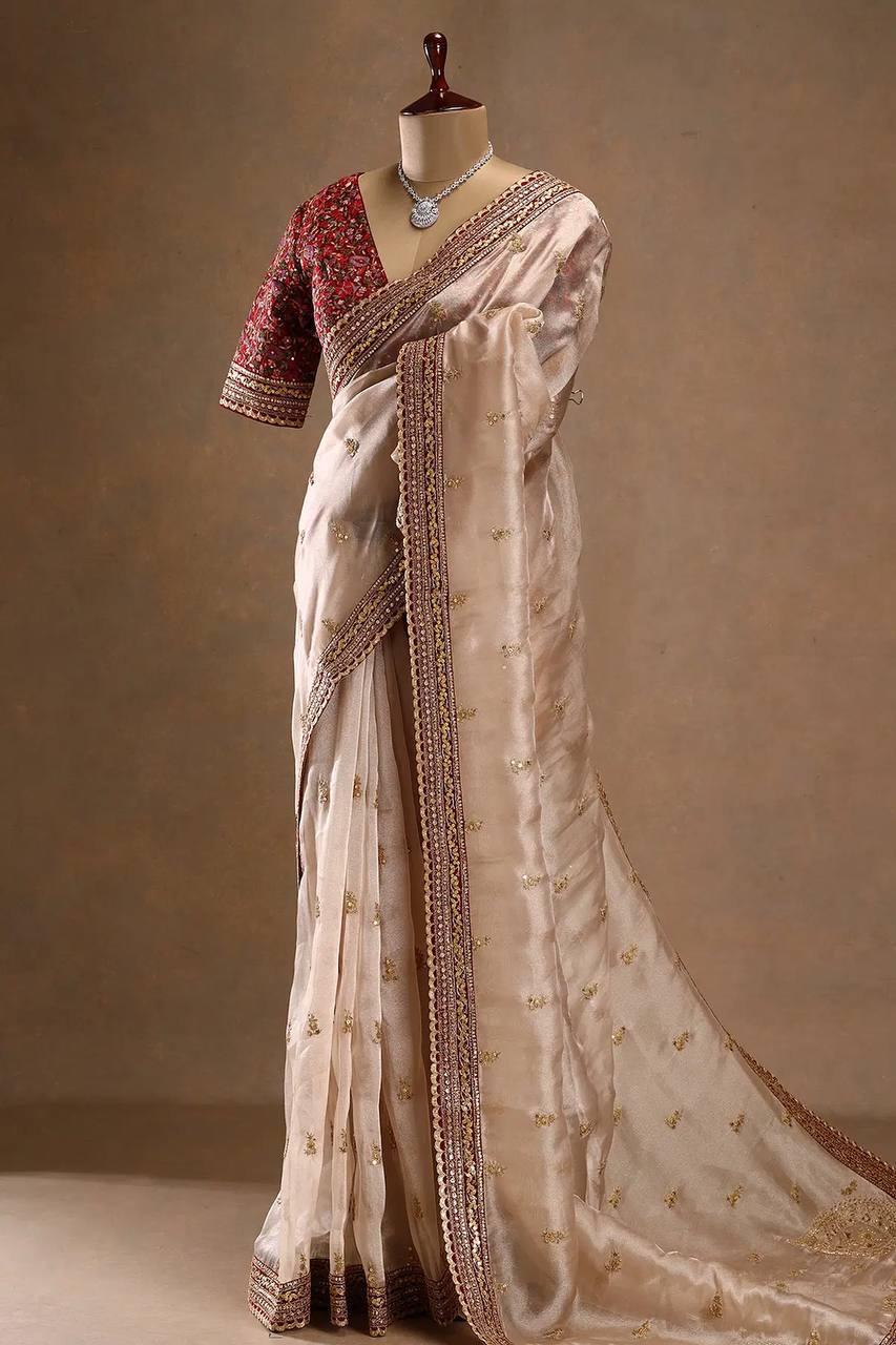 Beige Embroidered Zimmy Choo Silk Saree