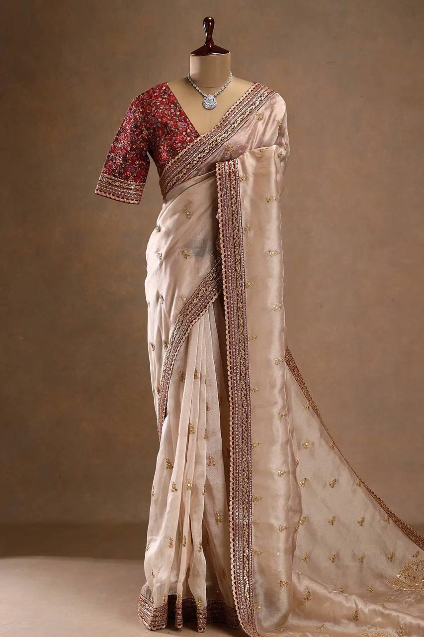 Beige Embroidered Zimmy Choo Silk Saree