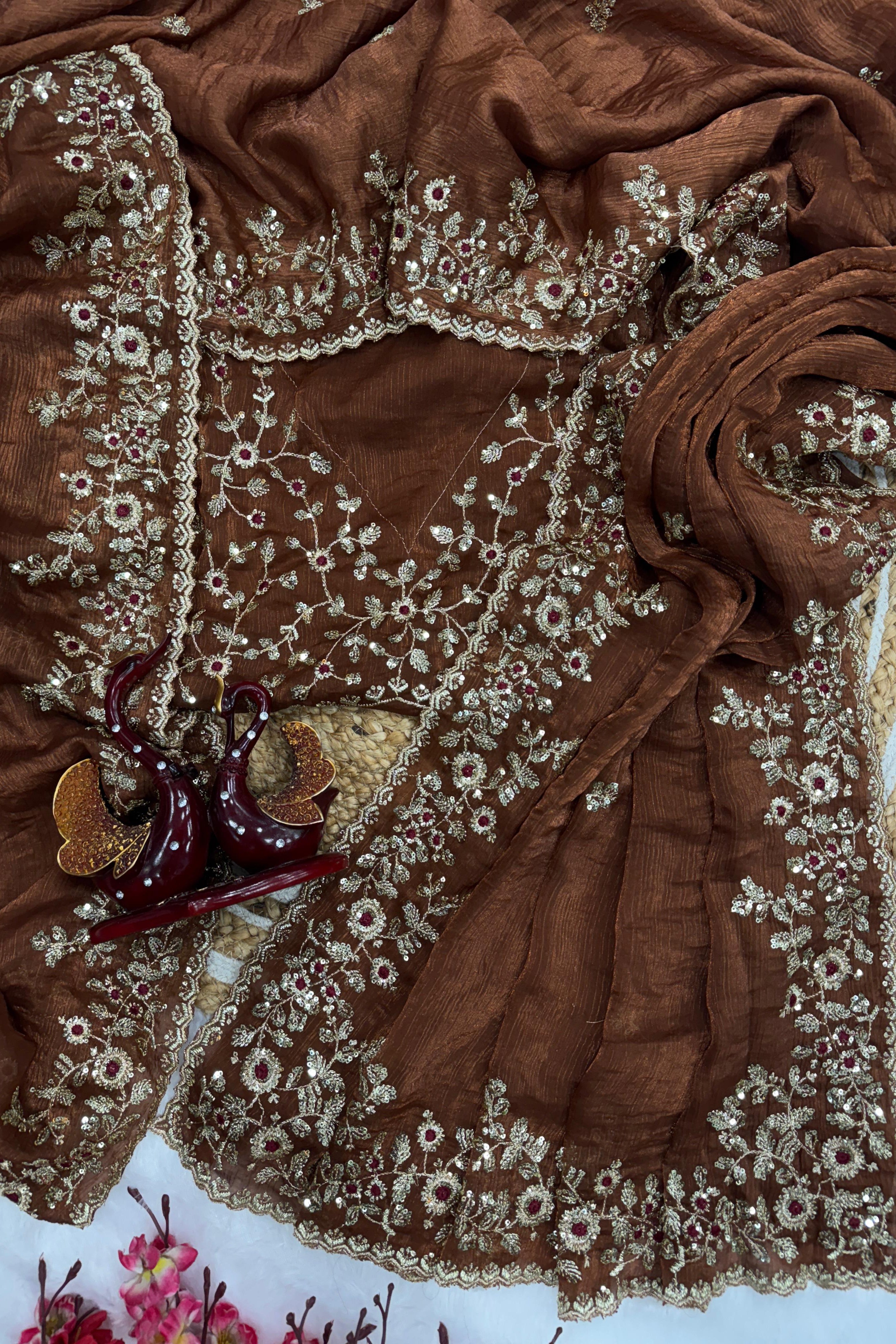 Beautiful Brown Sequin Embroidered Chiffon Saree