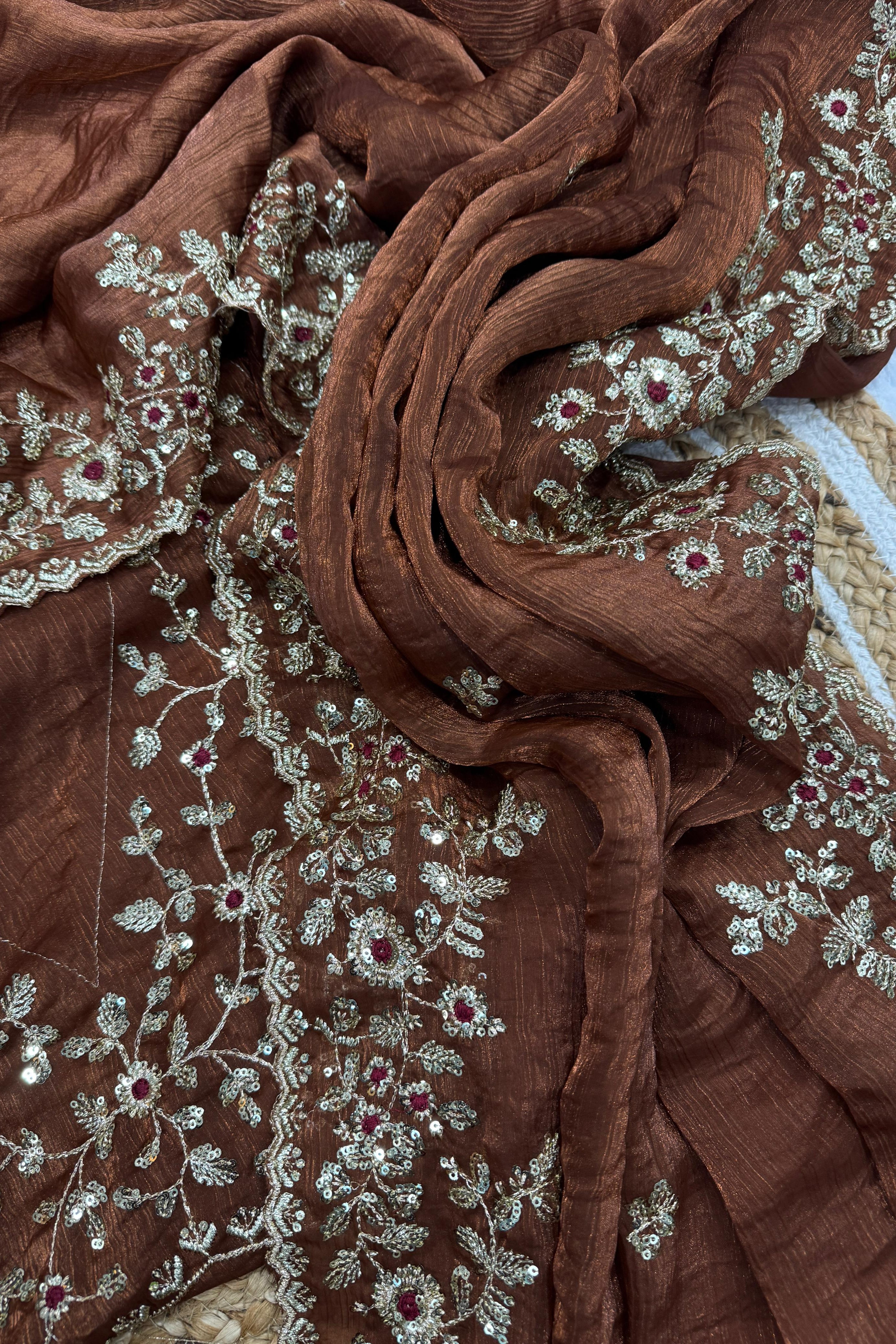 Beautiful Brown Sequin Embroidered Chiffon Saree