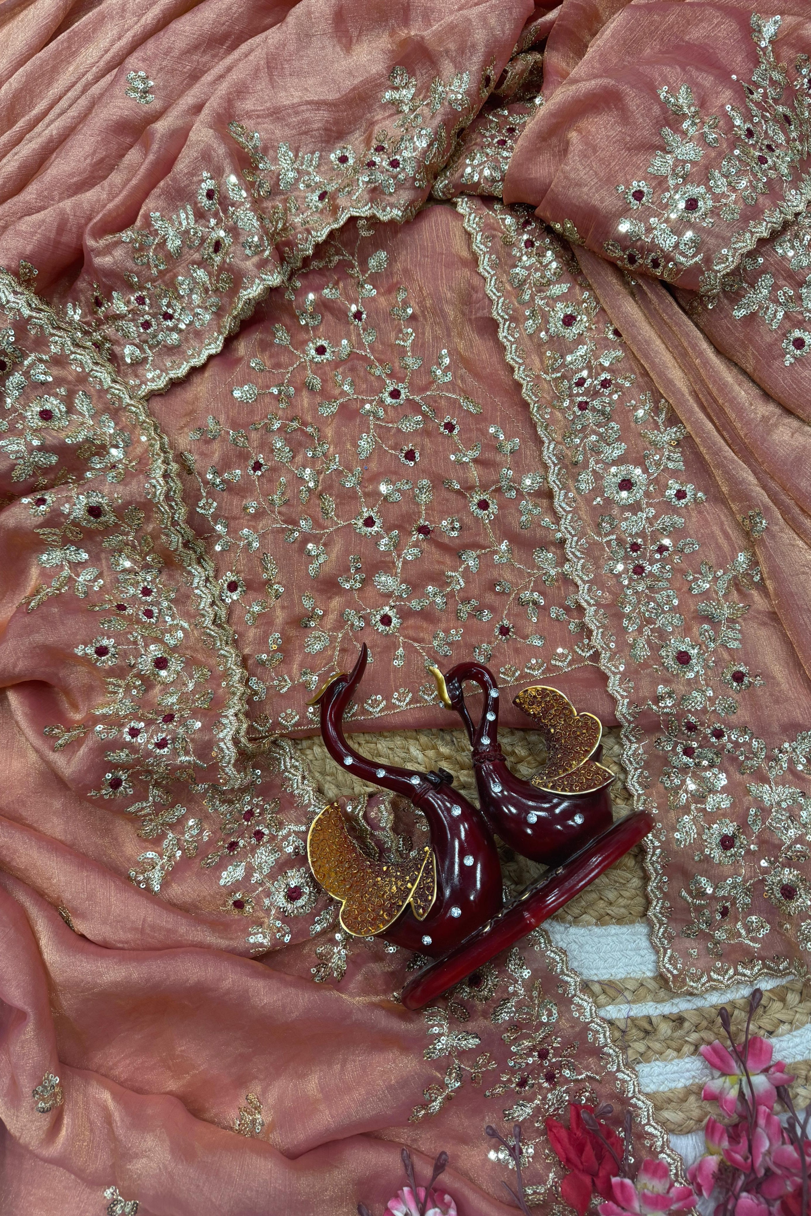 Beautiful light pink Sequin Embroidered Chiffon Saree