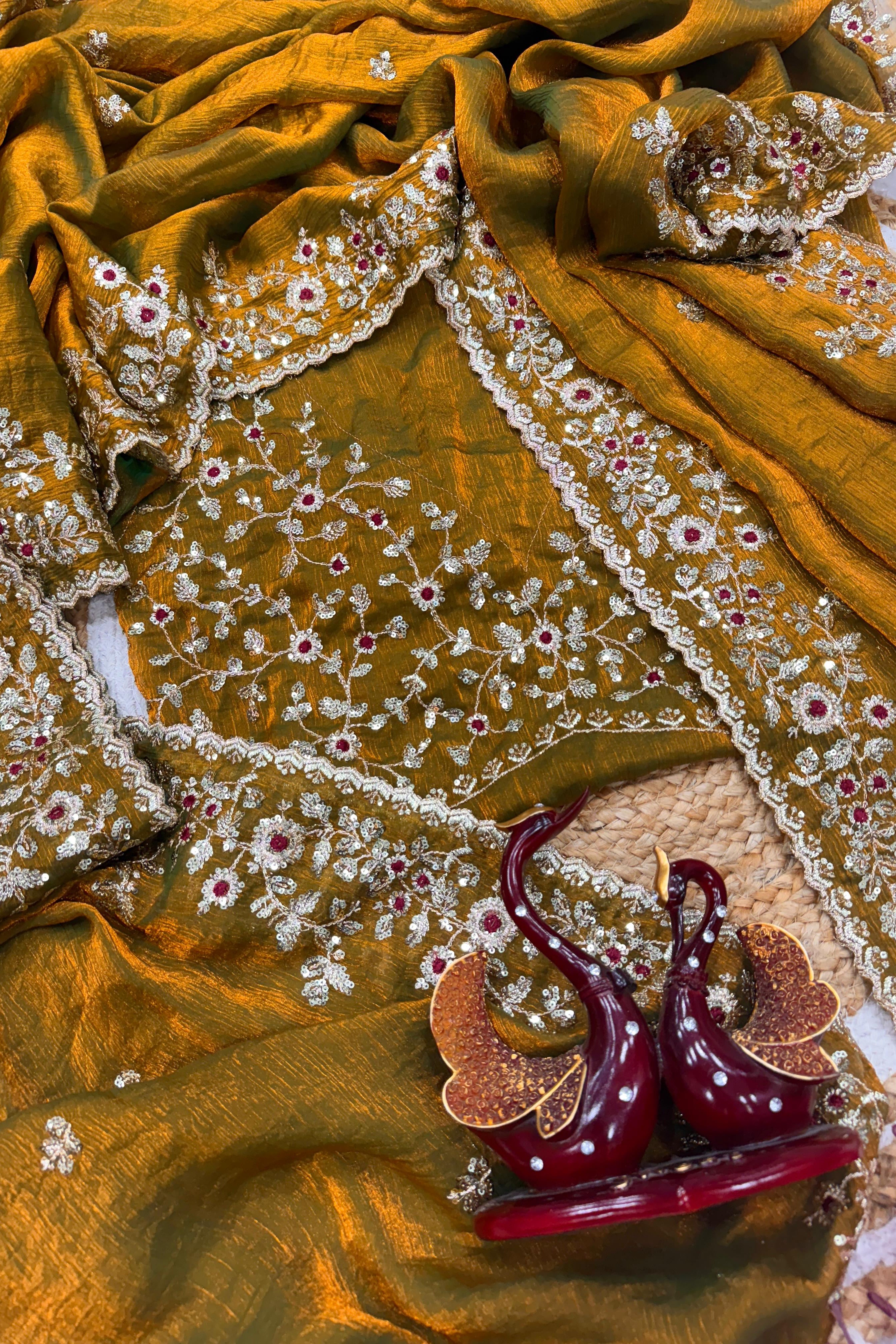 Beautiful Dark Golden Sequin Embroidered Chiffon Saree