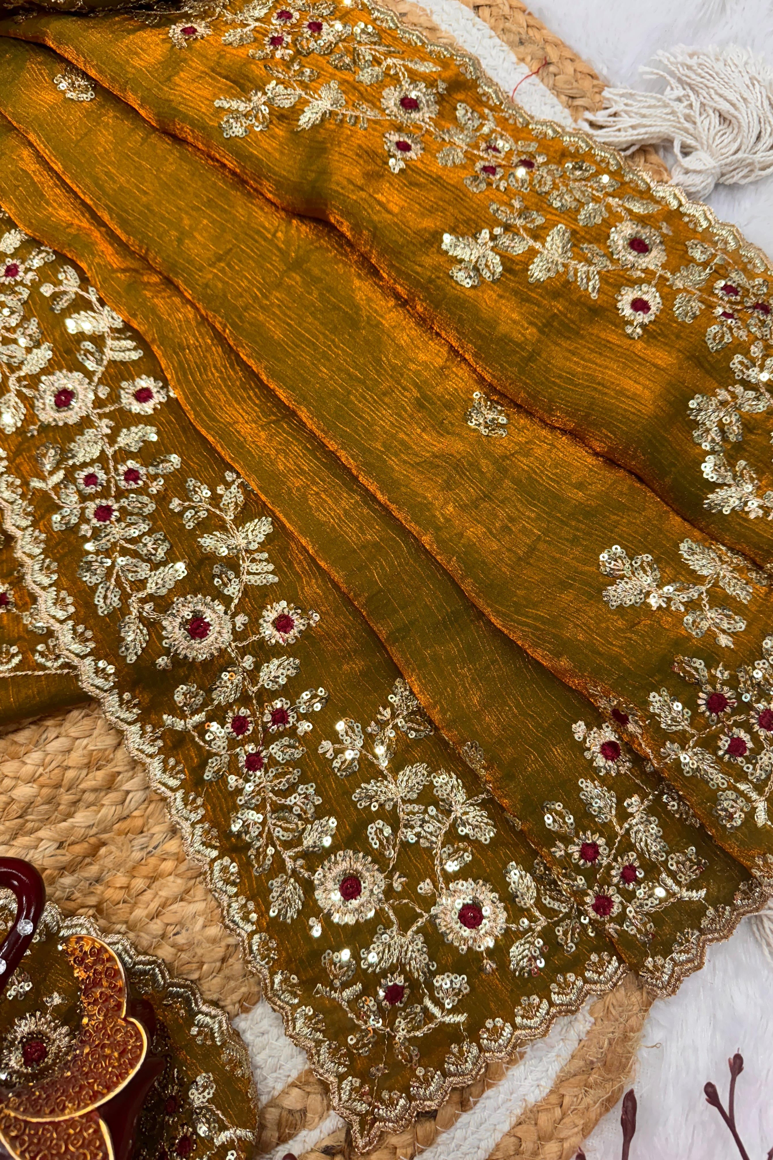 Beautiful Dark Golden Sequin Embroidered Chiffon Saree