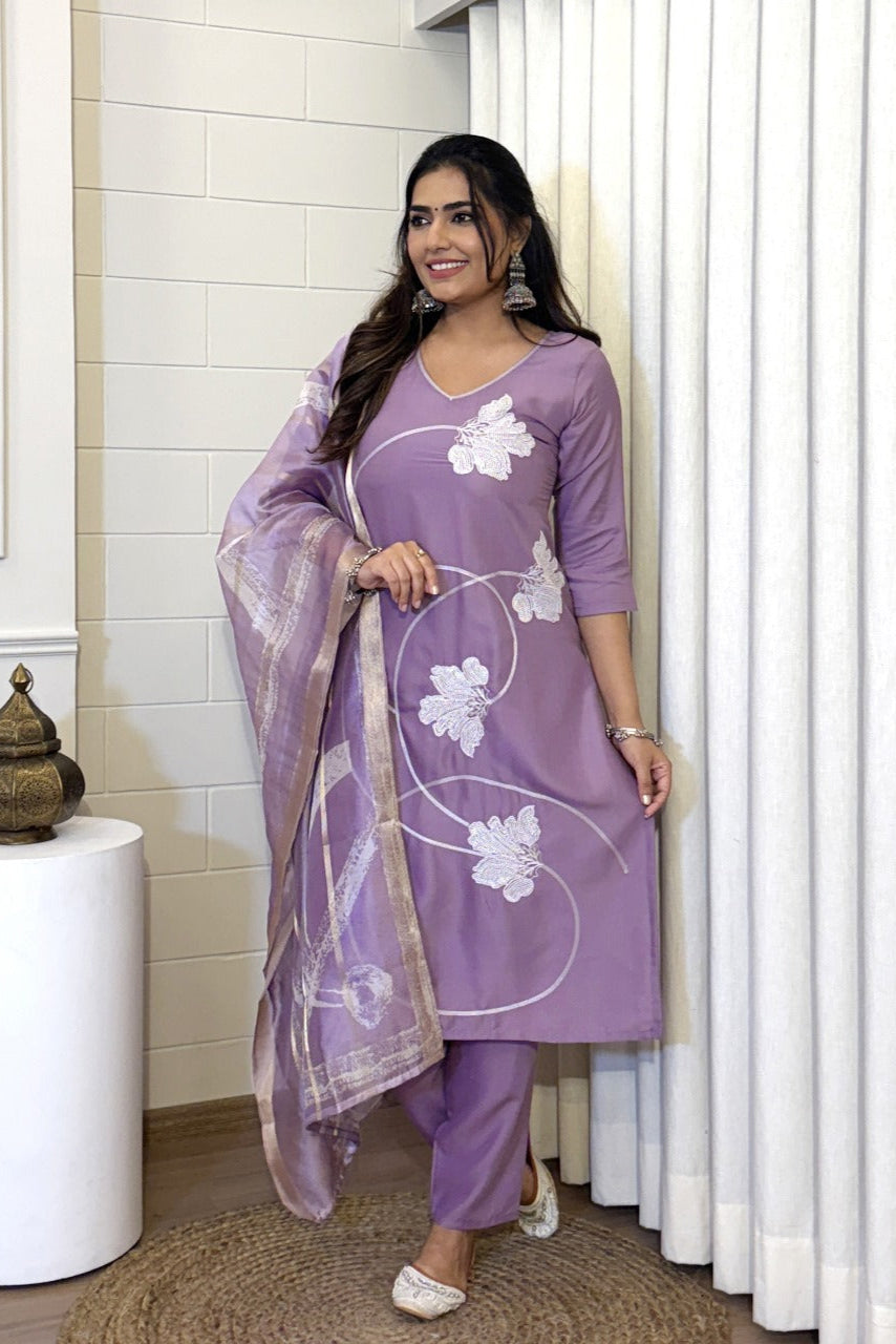 Purple Viscose Reyon Embroidered Suit Set