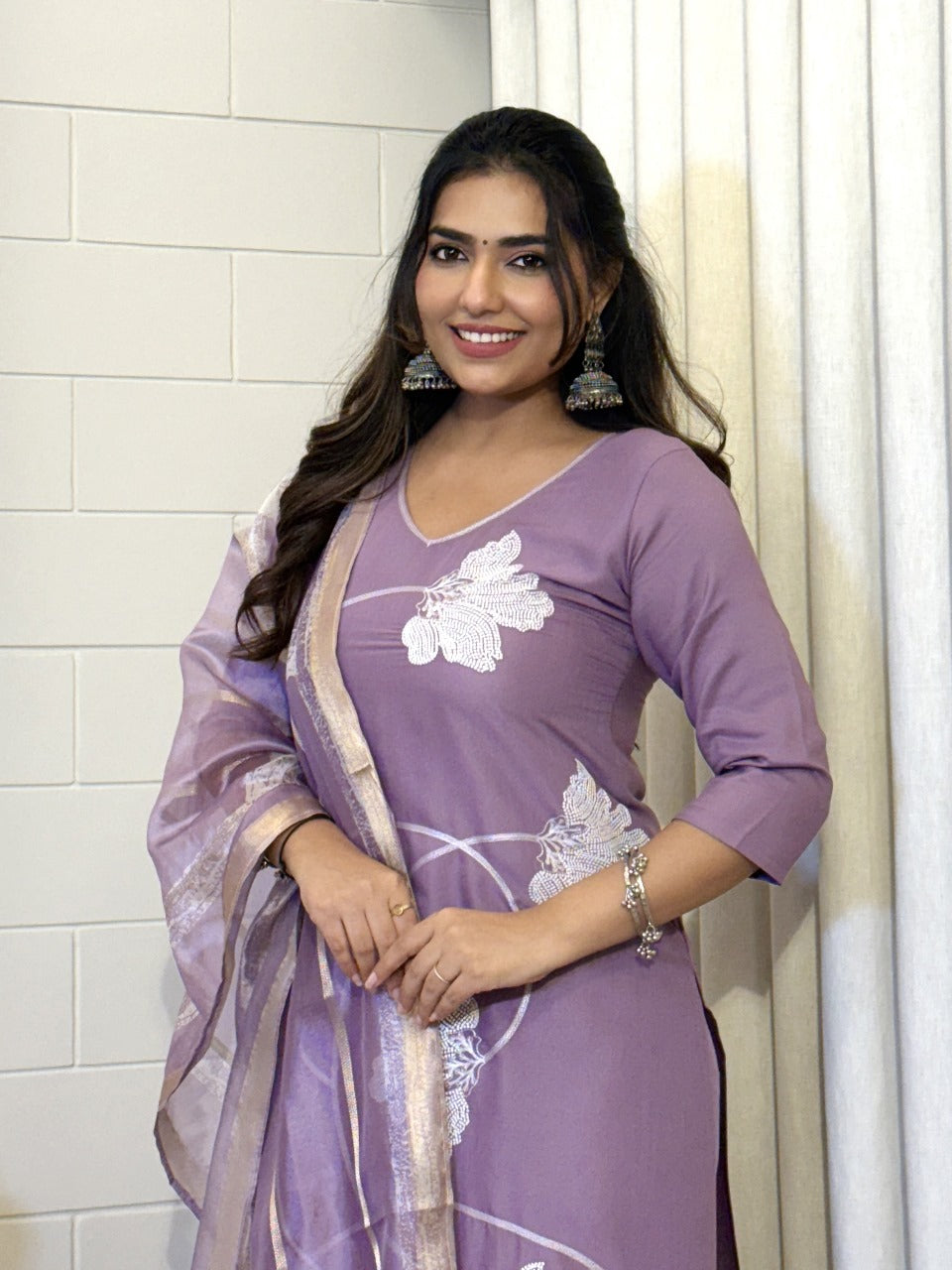 Purple Viscose Reyon Embroidered Suit Set