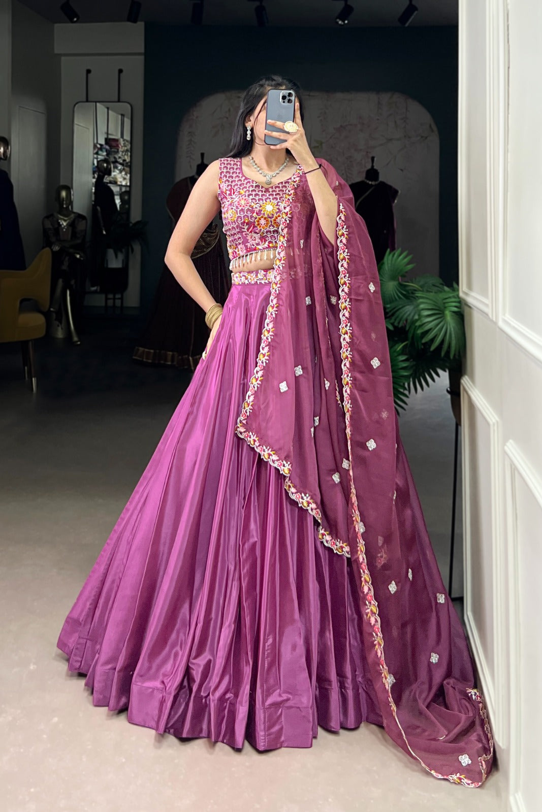 New launching Purple Silk Crepe Embroidered Lehenga Set