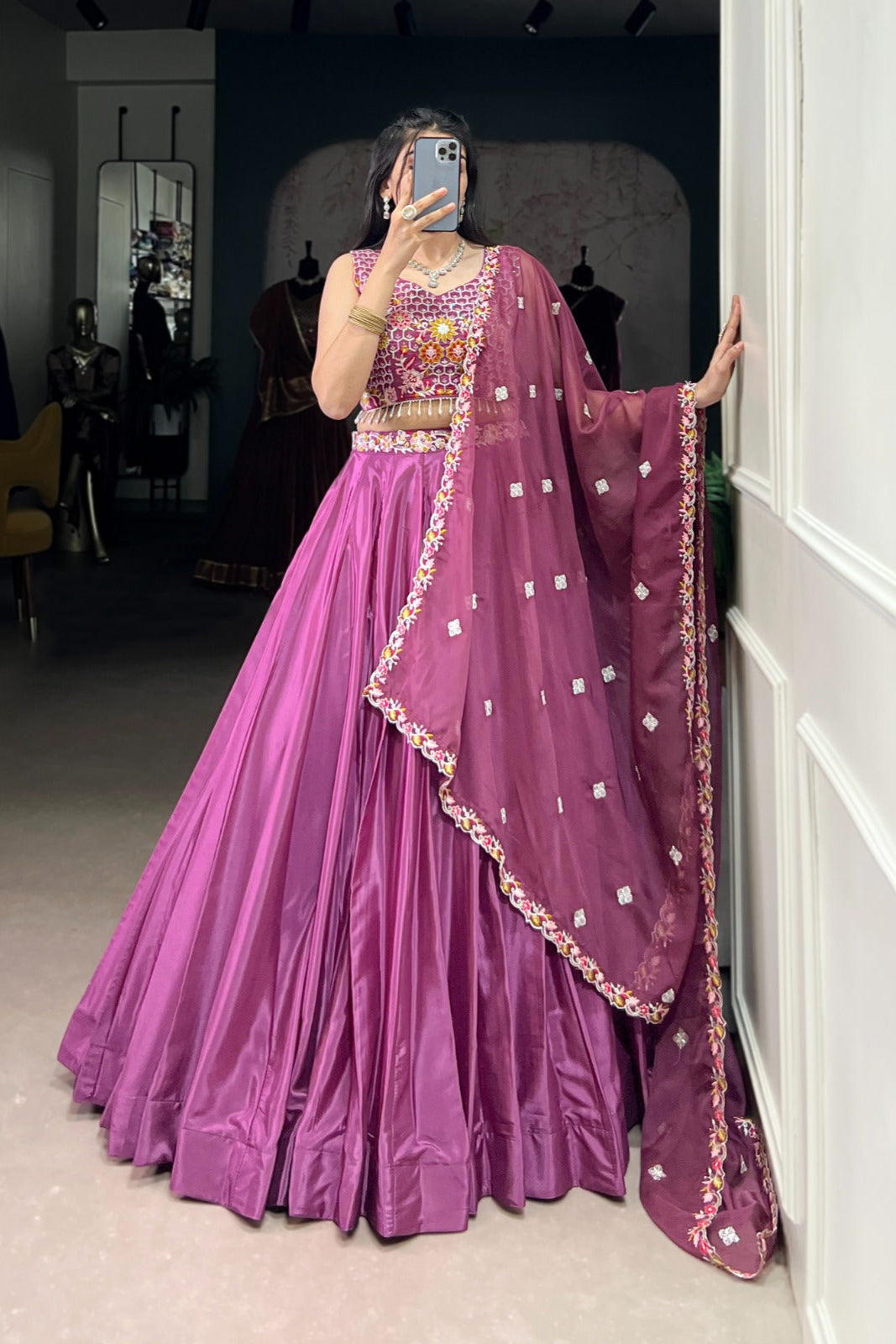 New launching Purple Silk Crepe Embroidered Lehenga Set