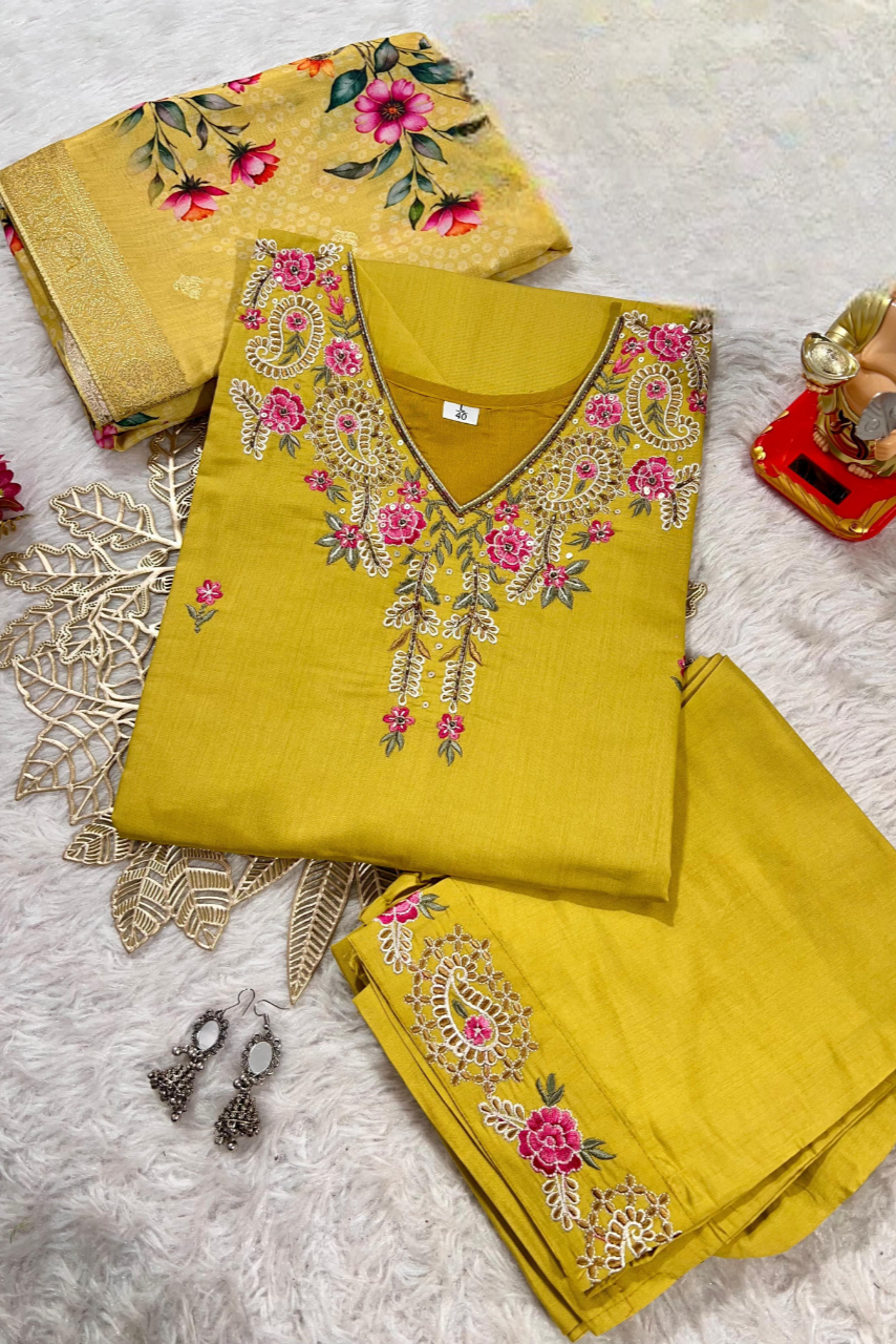 Zehra Yellow Muslin Embroidered Kurti Set