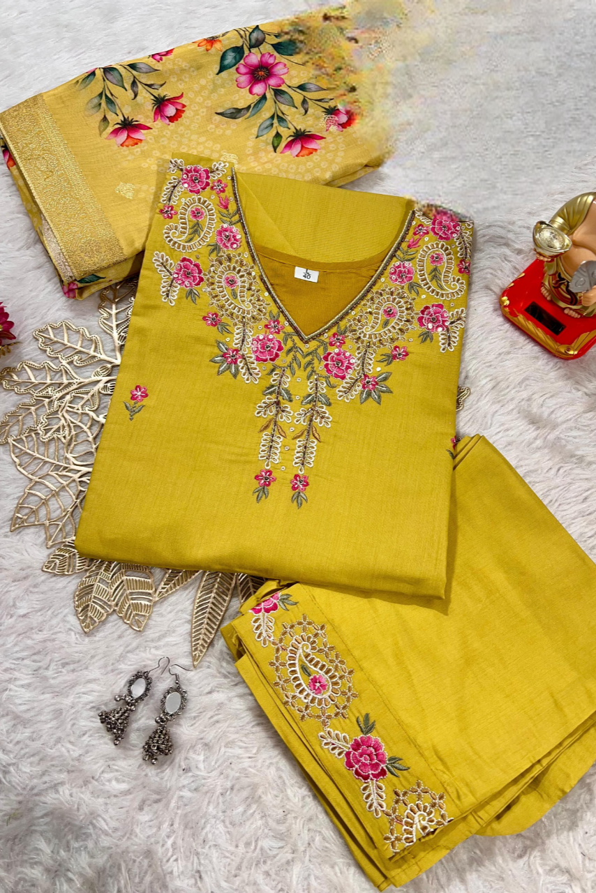 Zehra Yellow Muslin Embroidered Kurti Set
