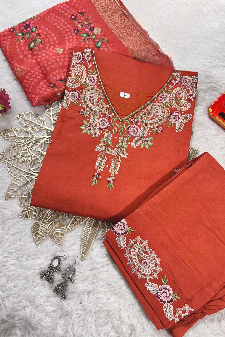 Zehra Red Muslin Embroidered Kurti Set