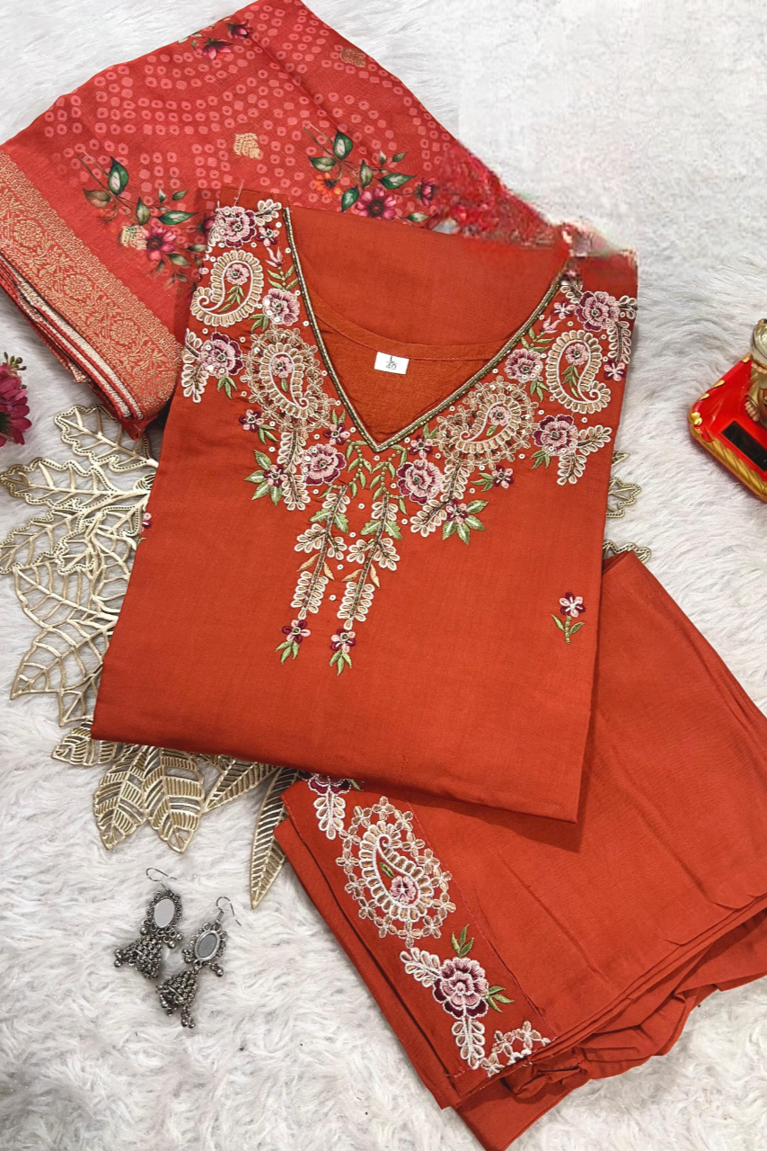 Zehra Red Muslin Embroidered Kurti Set