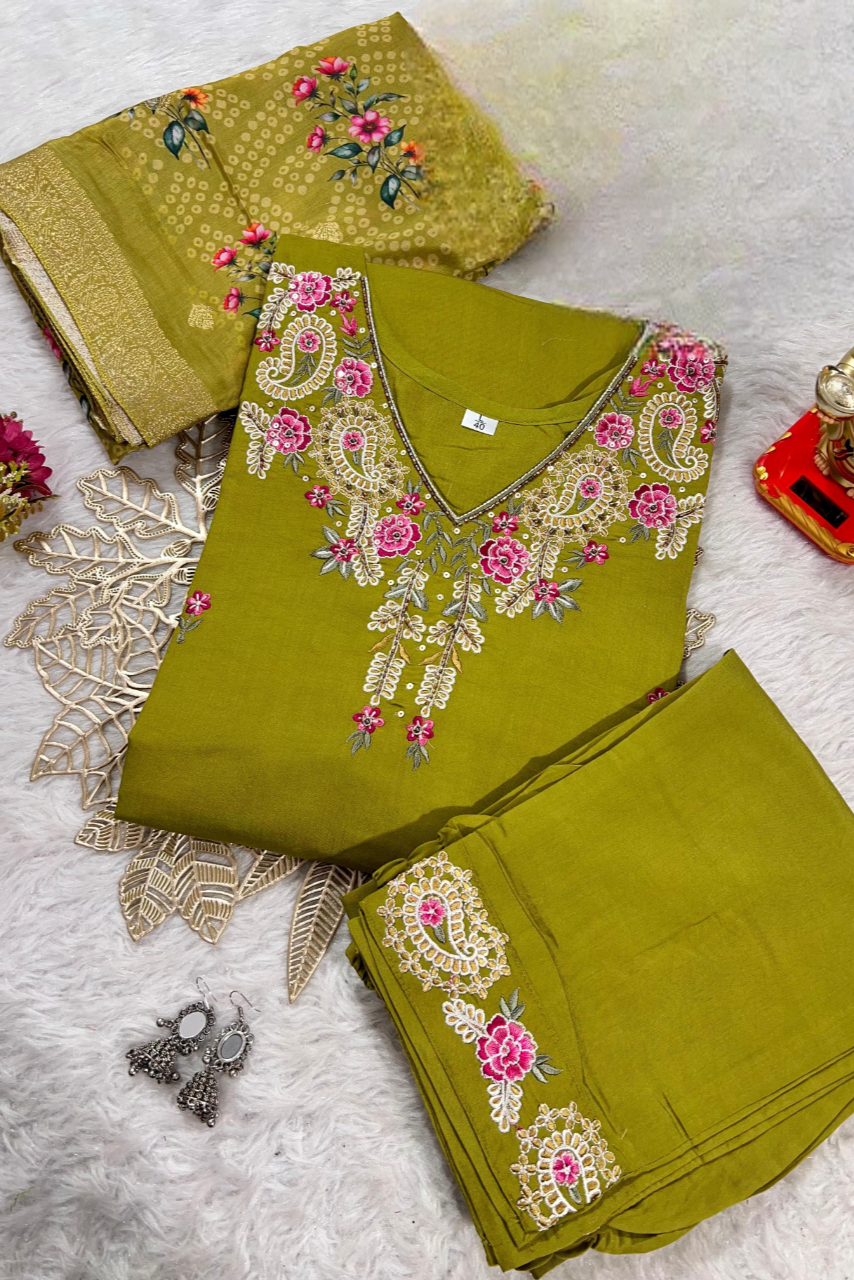 Zehra Mehendi Embroidered Kurti Set