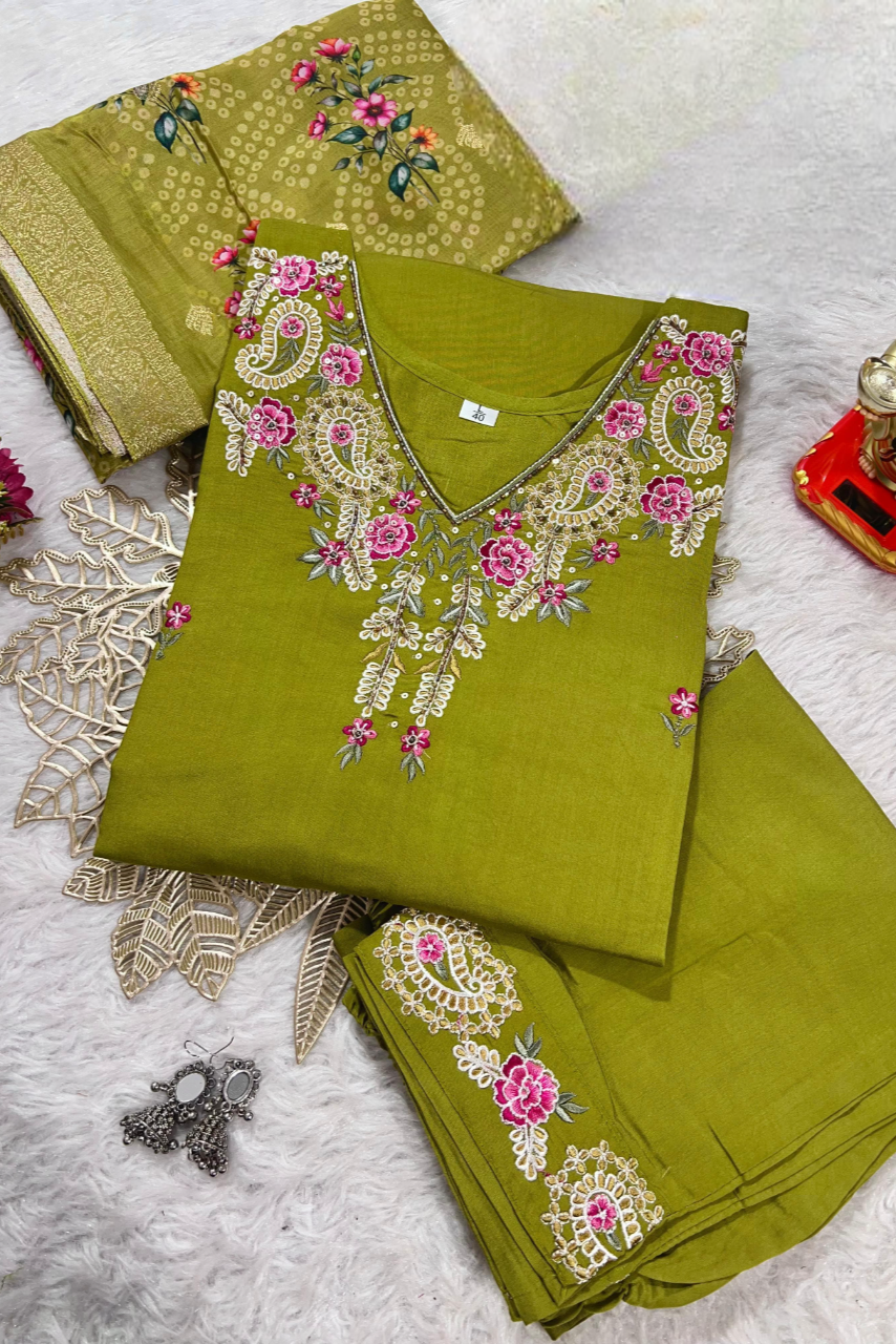 Zehra Mehendi Embroidered Kurti Set