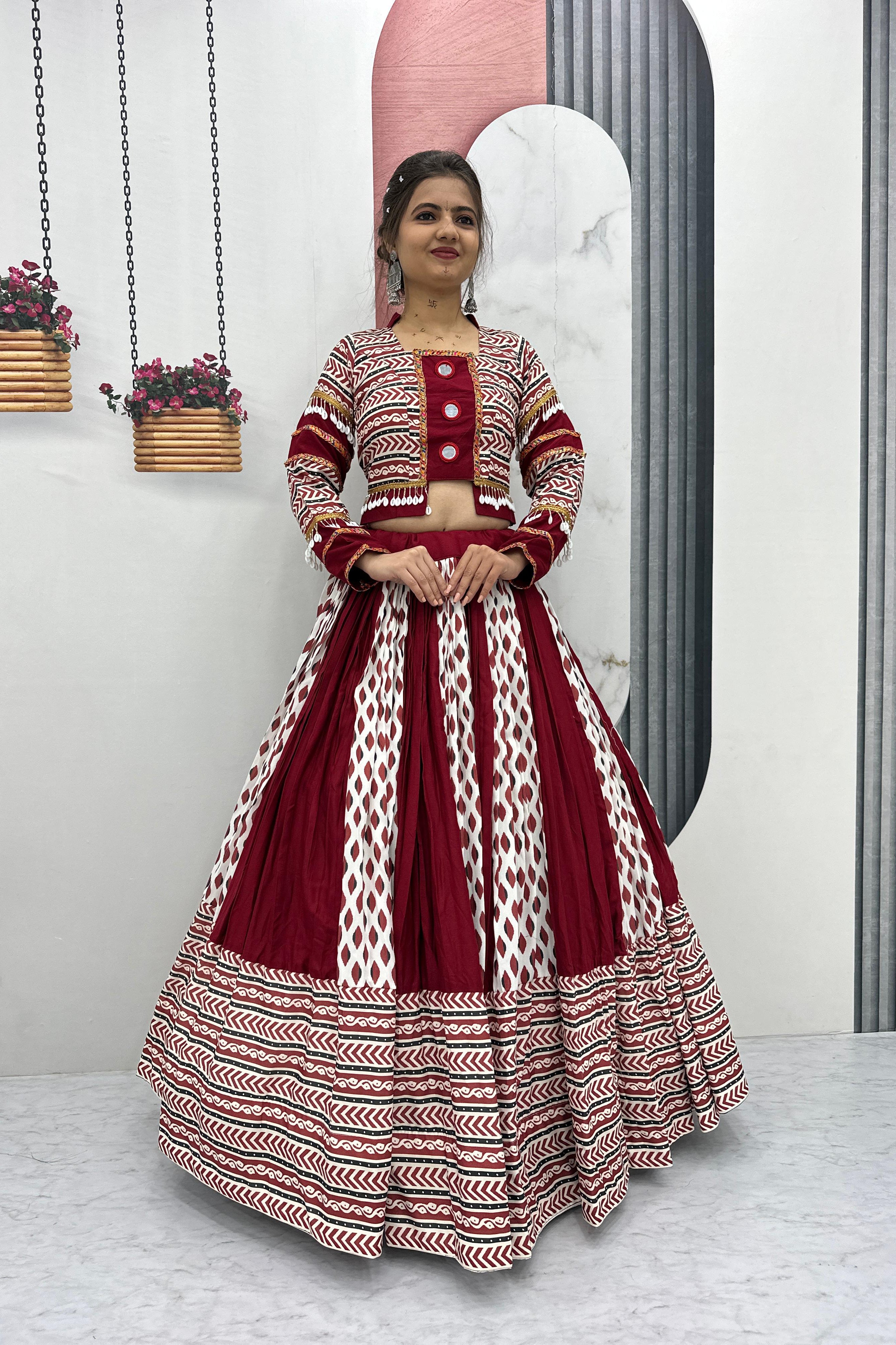 Maroon Ajrakh Mirrorwork Lehenga Set