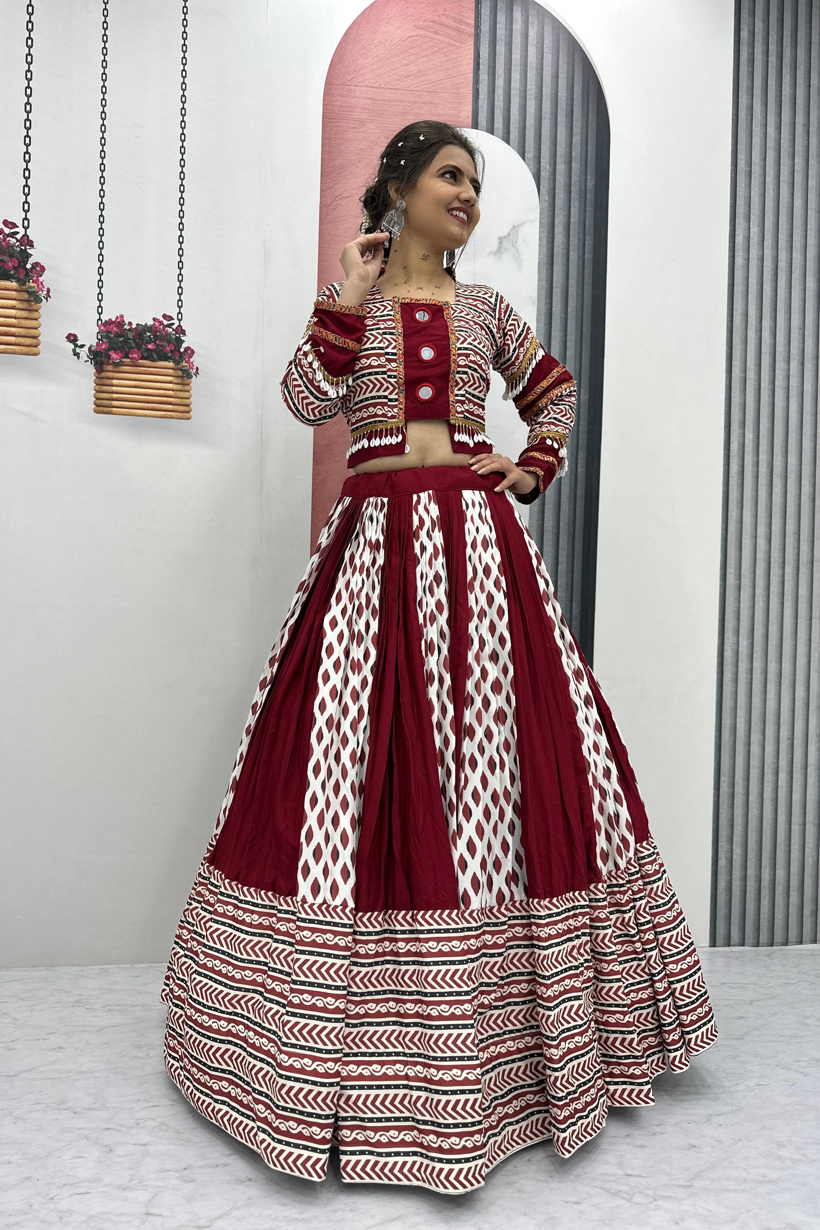 Maroon Ajrakh Mirrorwork Lehenga Set
