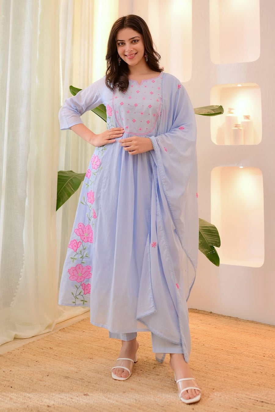 Light Blue Embroidered Cotton Suit Set