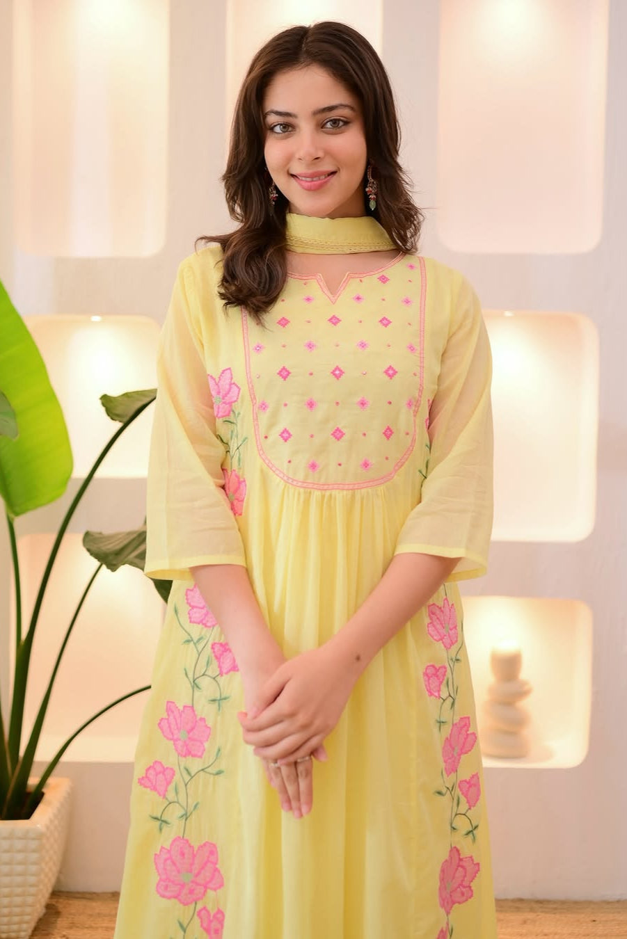 Light Yellow Embroidered Cotton Suit Set