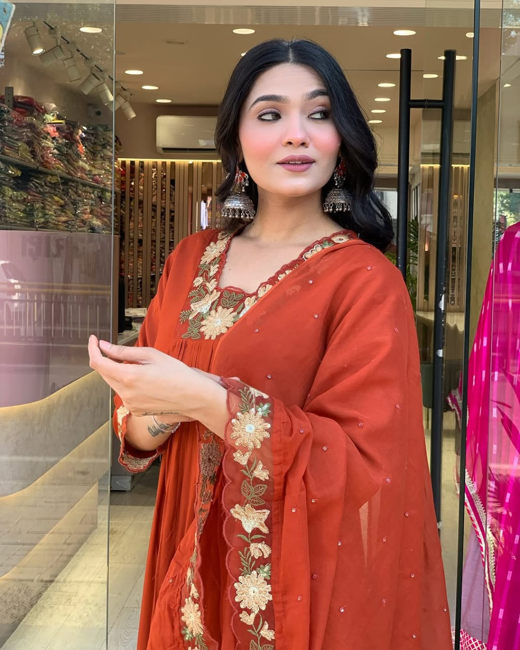 Red Elegance Embroidered Cotton Suit Set