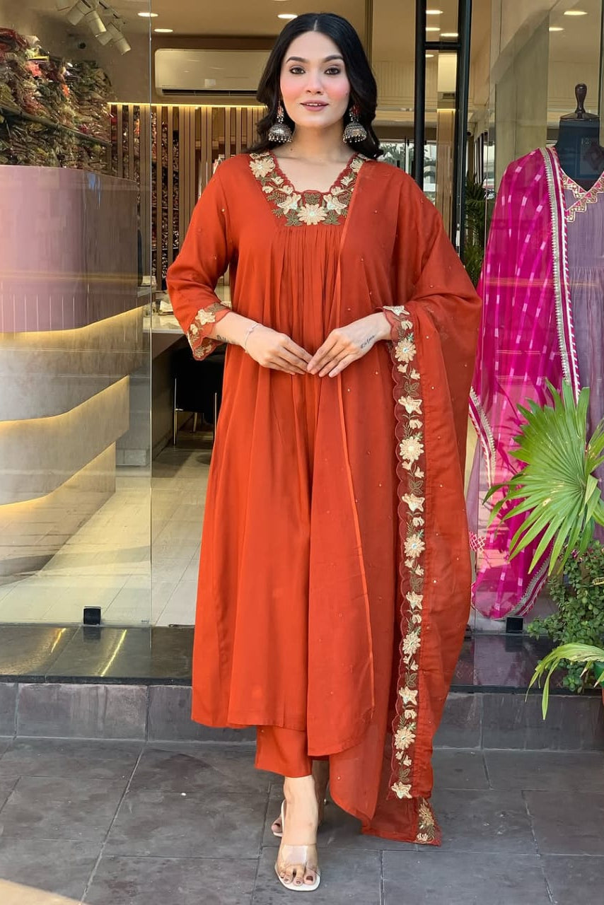 Red Elegance Embroidered Cotton Suit Set
