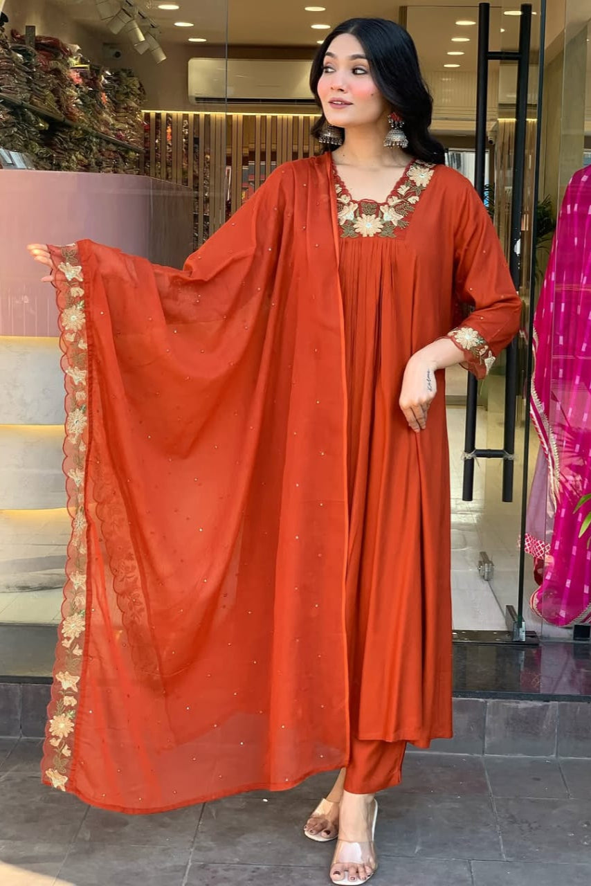 Red Elegance Embroidered Cotton Suit Set