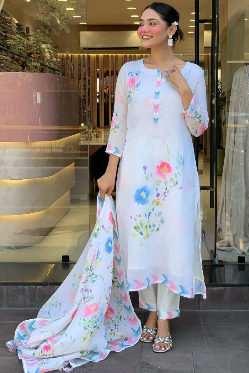 Trending Naaz White Linen Suit Set