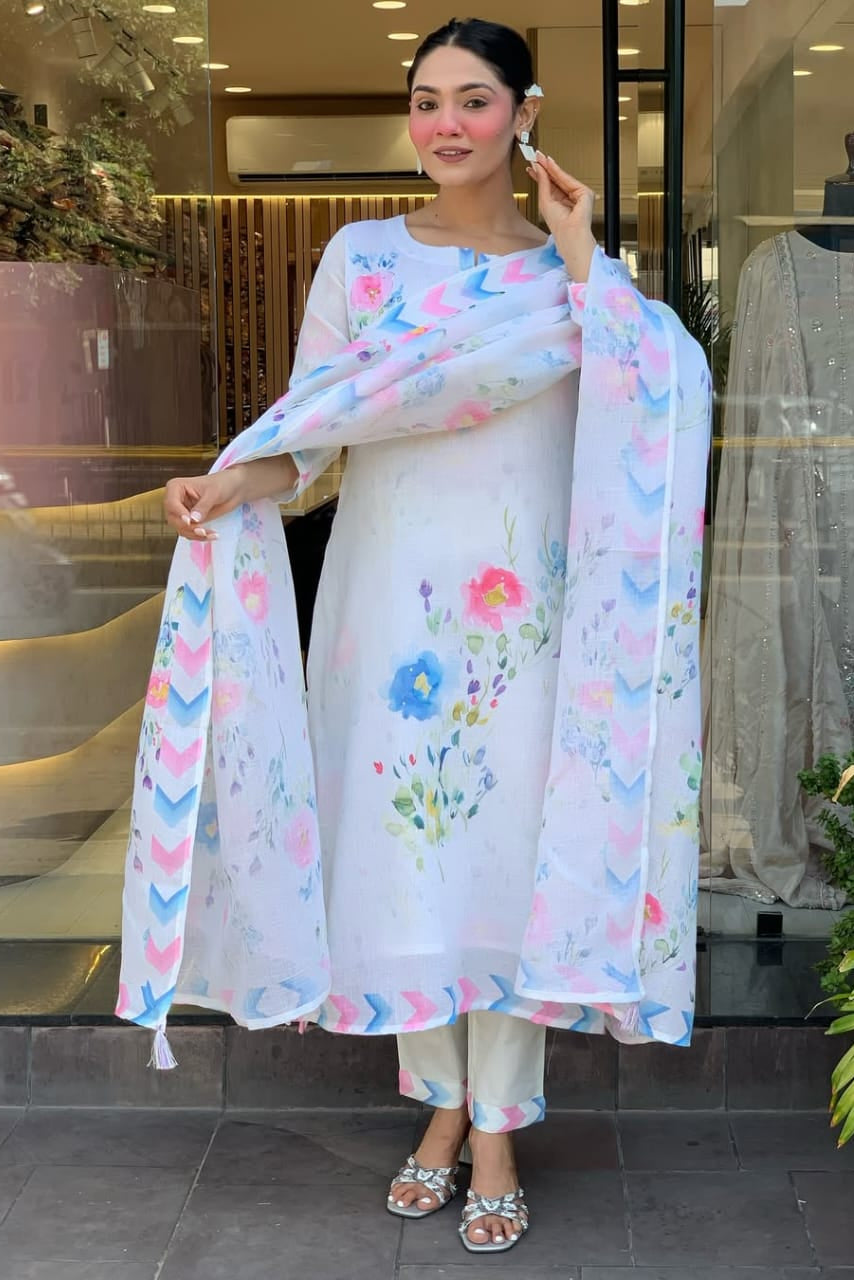 Trending Naaz White Linen Suit Set