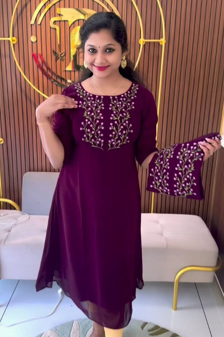 Purple Fox Georgette Embroidered Gown