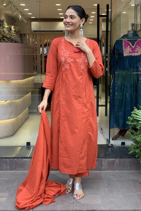 Dark Orange Embroidered A-line Kurti Pant Dupatta Set