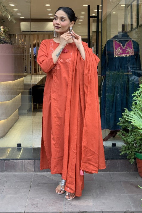 Dark Orange Embroidered A-line Kurti Pant Dupatta Set