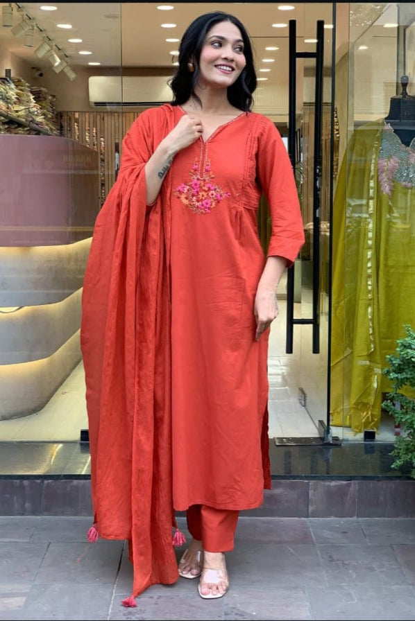 Rangtara Embroidered Cotton Kurta Pant Dupatta Set