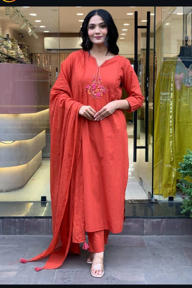 Rangtara Embroidered Cotton Kurta Pant Dupatta Set