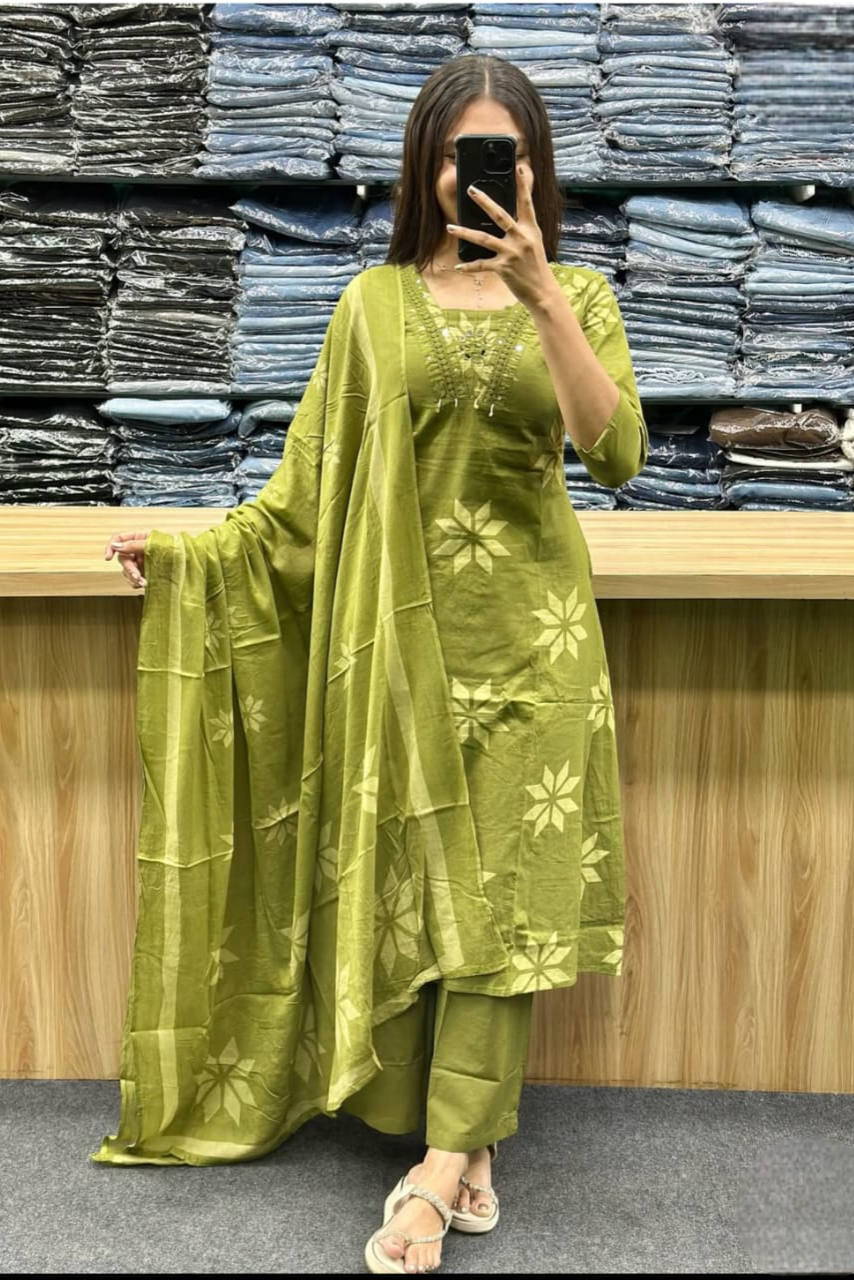 Noorangi Light Mehendi Embroidered Cotton Straight Kurta Pant Dupatta Set